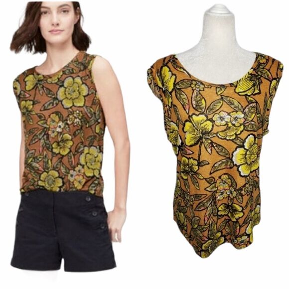 LOFT linen bold retro floral print‎ sleeveless shell top blouse M - Picture 10 of 10